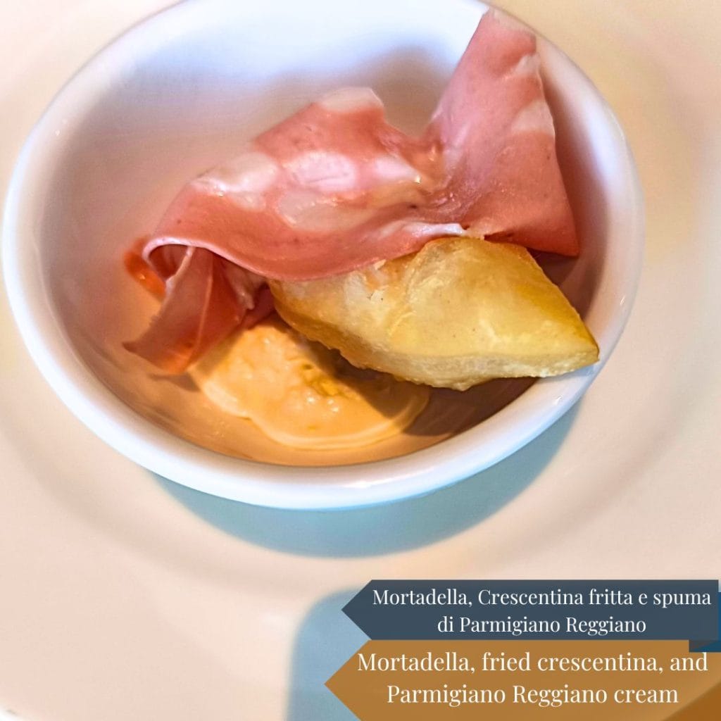 Mortadella, fried crescentina, and Parmigiano Reggiano cream